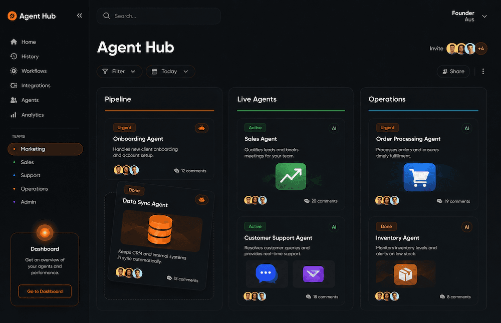 Tuned Agent Hub dashboard: pipeline, live agents, and operations