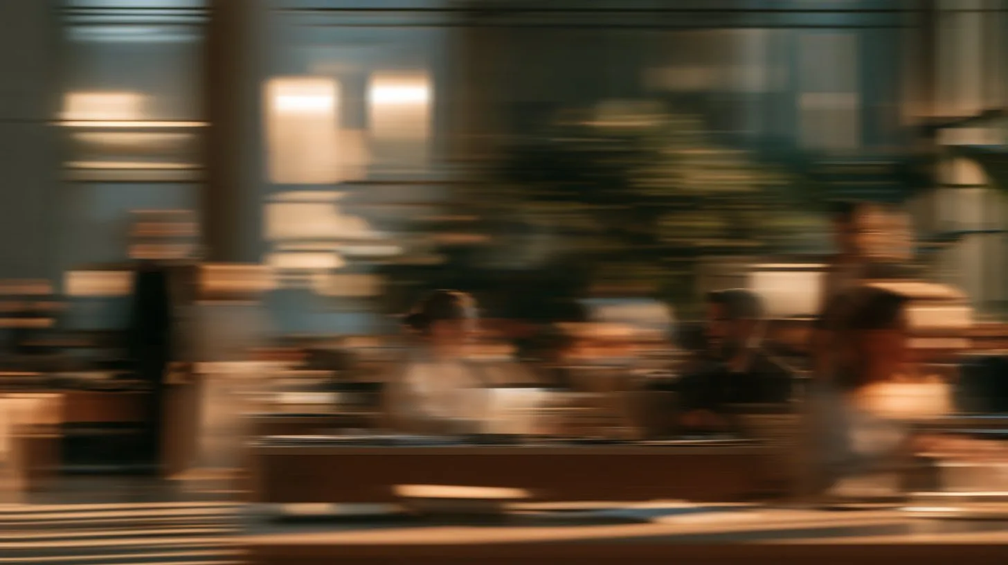 Blurred evening scene of people working in a busy hotel lobby