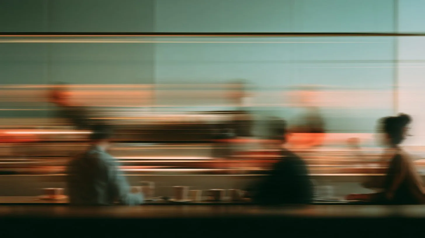 Blurred customers at a long counter, served in passing