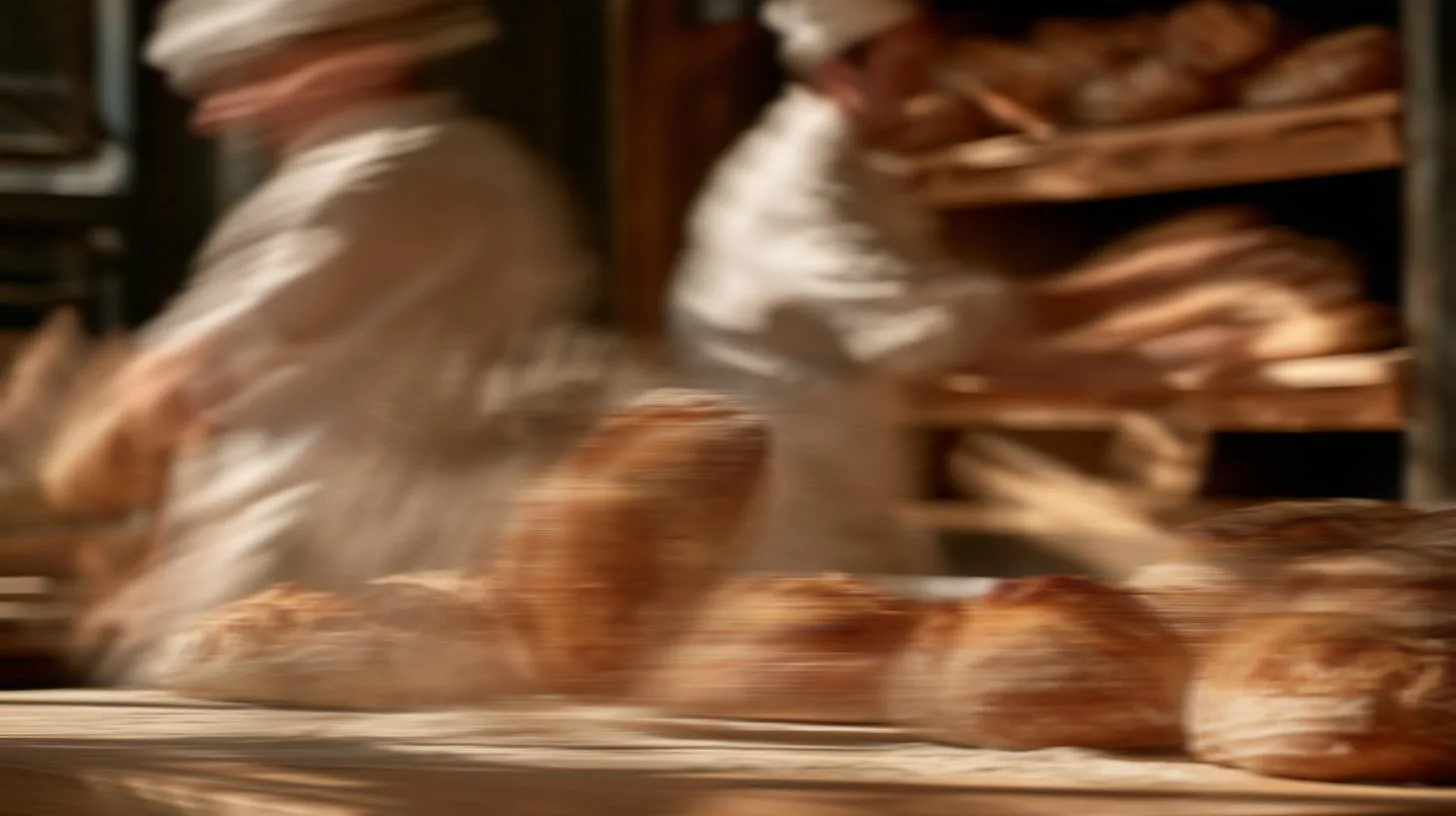 Blurred bakers at work beside shelves of fresh bread